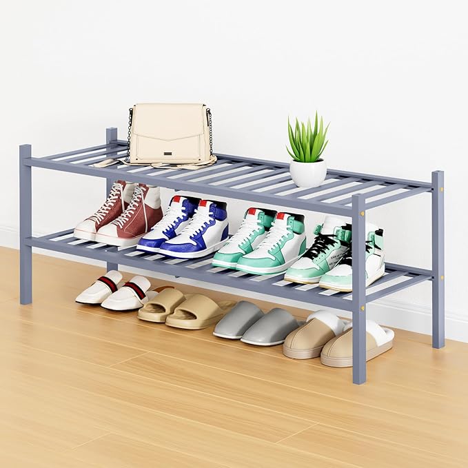 Smiry Long Bamboo Shoe Rack, 2 Tier Free Standing Wooden Shoe Organizer, Stackable Wood Shoe Storage Shelf for Closet, Entryway, 12 Vertical Slats, One-piece Standard Legs, 33.7"x11"x13", Grey