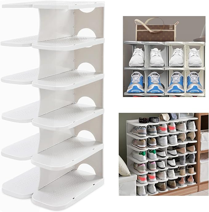 6-Tier Narrow Shoe Organizer, Adjustable Cubby Shoe Rack for Closet, Free Standing Shoe Slot Tower for Entrance, Stackable Space-Saving Shoe Storage Shelf for Entryway, White