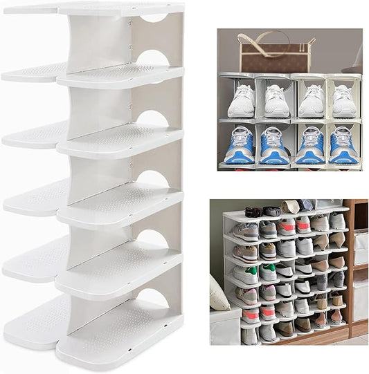 6-Tier Narrow Shoe Organizer, Adjustable Cubby Shoe Rack for Closet, Free Standing Shoe Slot Tower for Entrance, Stackable Space-Saving Shoe Storage Shelf for Entryway, White