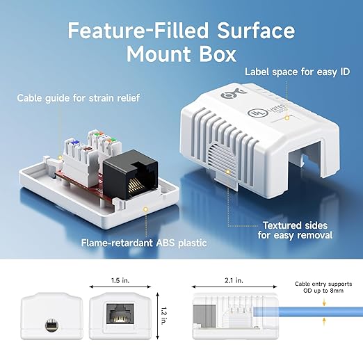Cable Matters UL Listed Cat6 5-Pack RJ45 Surface Mount Box - 1 Port in White (Cat6 Ethernet Mount Box)