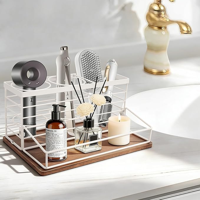 Hair Tool Organizer, Movable Hair Dryer Holder, 12" x 7.7" x 5.8", Wood-White