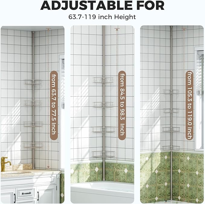 Corner Shower Caddy Tension Pole, 4 Tier Adjustable Bathroom Organizer Shelves