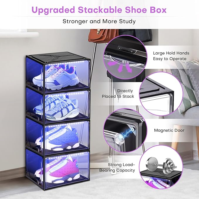 Oltraman Shoe Storage Organizer for Closet, Foldable Shoe Boxes Rack 2 pack, Clear Plastic Stackable Containers Bins Holder, Magnetic Sneaker Shelf for Sneakerheads with LED Lights (Black)