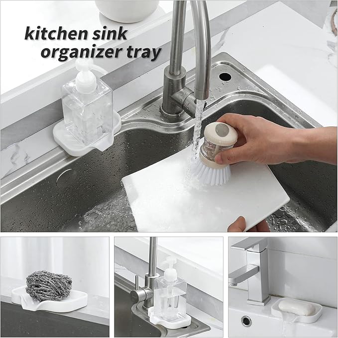 MicoYang Silicone Soap Dish with Drain Spout — Self-Draining Sink Organizer Tray for Bathroom & Kitchen, Holds Bar Soap, Sponges & Dispensers, Non-Slip & Dishwasher Safe, White (Small, 4.9"×3.2")