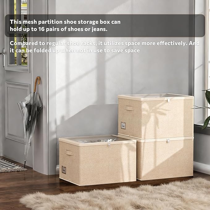Shoe Organizer for Closet, 2 Pack Foldable Shoe Storage Box with Clear Cover and Adjustable Dividers, Stackable Storage Bins for Boots, Fits up to 32 Pairs (Beige, 19.7 × 15.7 × 12.6 in)