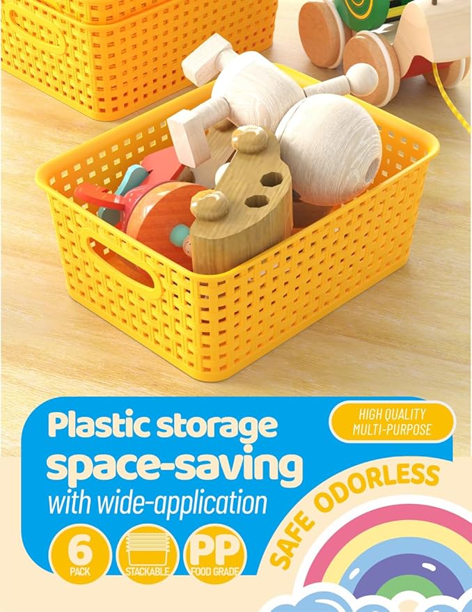 6-Pack Plastic Small Shelf Storage Weave Baskets Organizing for Cabinets, Green