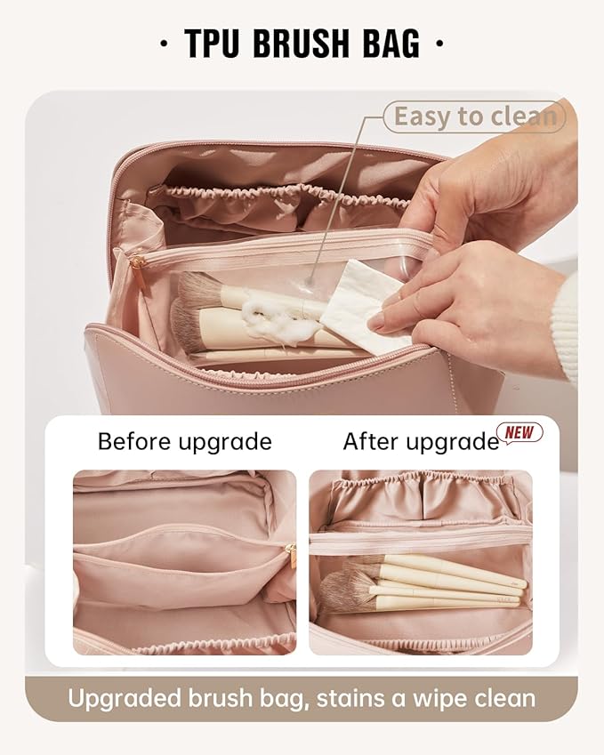 EACHY Travel Makeup Bag, Large Capacity Cosmetic Bag for Women, Waterproof PU Leather, Flat Open Portable Toiletry Bag for Skincare