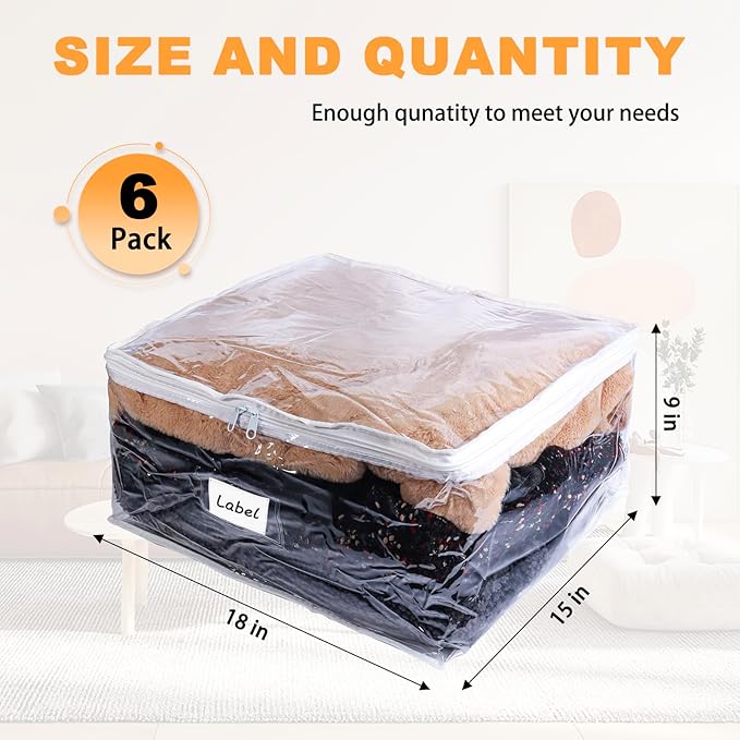 Clear Zippered Storage Bags Plastic Sweater Storage Bags with Zipper 6 Packs Clothing Organizer for Blankets Linen Sweater Bed Sheet Quilt Clothes Pillow (18 x 15 x 9 Inch, White)
