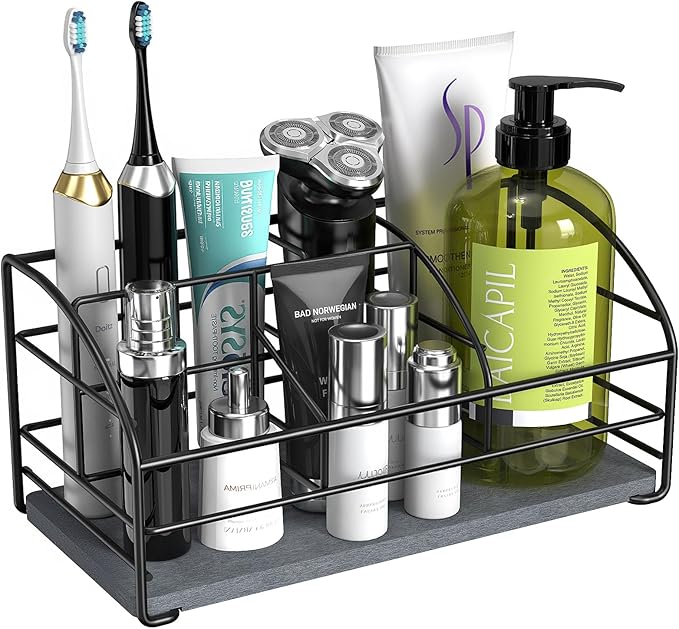 Luxspire Toothbrush Holders, 5 Slots Bathroom Counter Organizer with Diatomaceous Earth Tray, Stainless Steel Toothbrush Holder for Bathroom Kitchen Dressers Accessories, Black