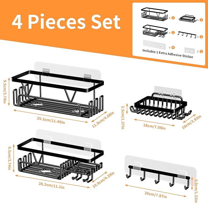 KEGII Adhesive Shower Caddy 4 Pack, No Drilling Shower Organizer with Towel Rack, Hooks & Soap Holder, Self-Adhesive Bathroom Shelves Rack for Space-Saving Storage