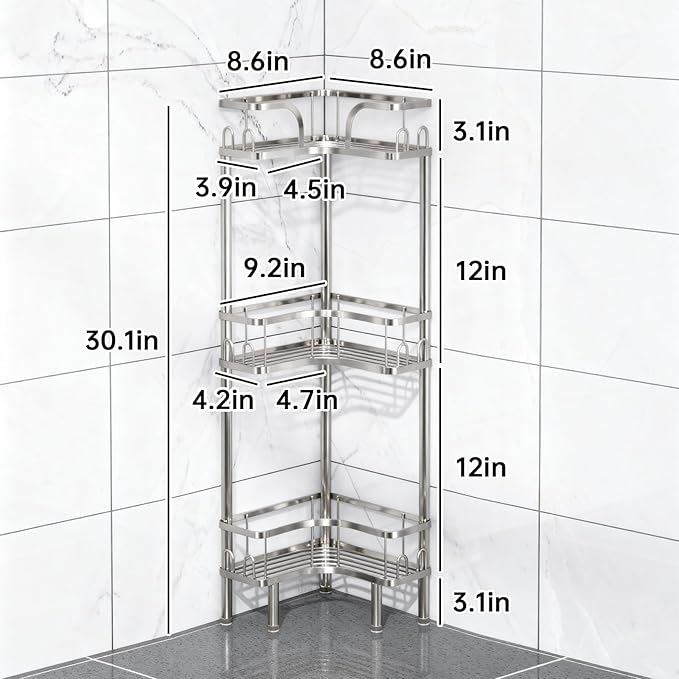 Standing Shower Corner Caddy, 3-Tier Stainless Steel Material Shower Organizer with 12 Hooks - Space Saving Corner Shelf with Adjustable Feet for Bathroom, Compact Spaces(Sliver, 3 Tiers)