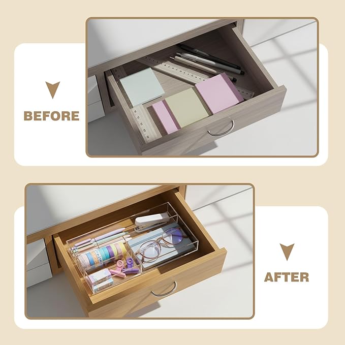 Briwooody 2 Pcs Clear Acrylic Desk Drawer Organizer 11 x 6 x 1.38 Inch Drawer Organizer Trays with 4 Compartments Desk Accessories for Office Makeup Silverware Bathroom