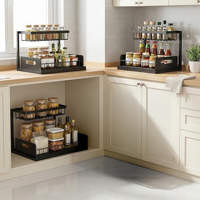 Under-Sink Storage Organizer (2-Pack) — Double-Tier Pull-Out Cabinet Organizer with Sliding Drawers ，Heavy-Duty & Versatile Storage Rack for Kitchen, Bathroom, and Pantry，Black