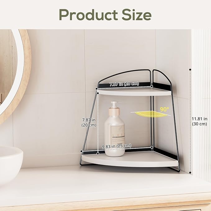 Puricon Bathroom Counter Organizer, 2 Tier Corner Countertop Storage Shelf Bathroom Sink Organizer, Wood Triangle Bathroom Organization for Skincare Kitchen Vanitity -White