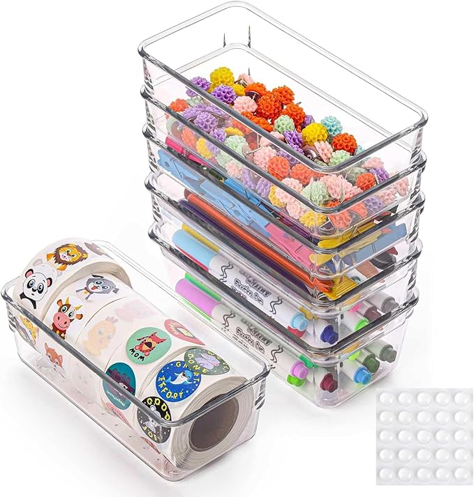 6Pcs Clear Plastic Drawer Organizers Tray 6" x 3" Storage Bins with 25Pcs