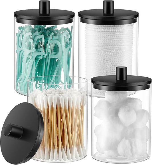 Glass Qtip Holder Dispenser, 10 oz Clear Canister Apothecary Jar, 4 Pack, Black