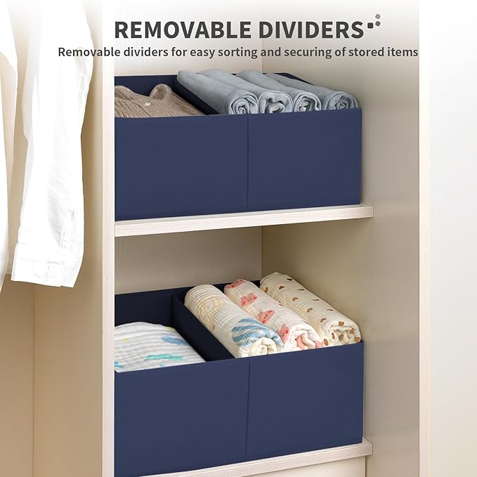 Large Closet Shelf Organizer Bins 4 Packs with Handles and Divider, Navy Blue