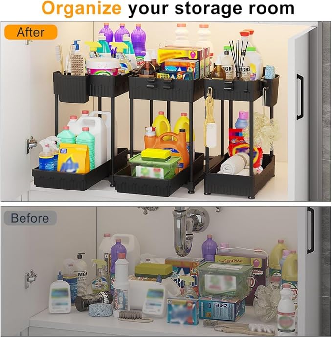Sevenblue 3 Pack Under Sink Organizers,2-Tier Multi-Use Kitchen and Bathroom Organizers and Storage with Sliding Drawers,Bathroom Cabinet Organizer (Black,12.8 Inch)