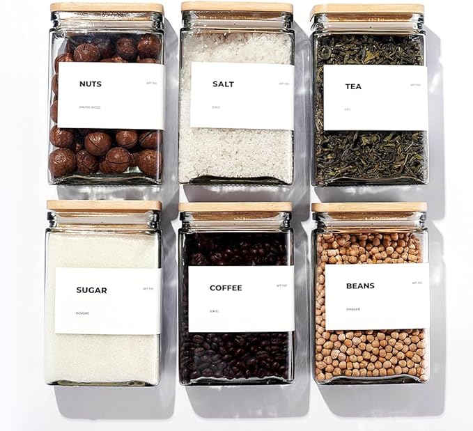 APT 1101 Glass Storage Jars with Bamboo Lid, glass canisters with airtight lids, Clear jars with lids for Spice, Cookie, Candy, Tea, Coffee Bean and Rice (White, 26 oz, Set of 6)
