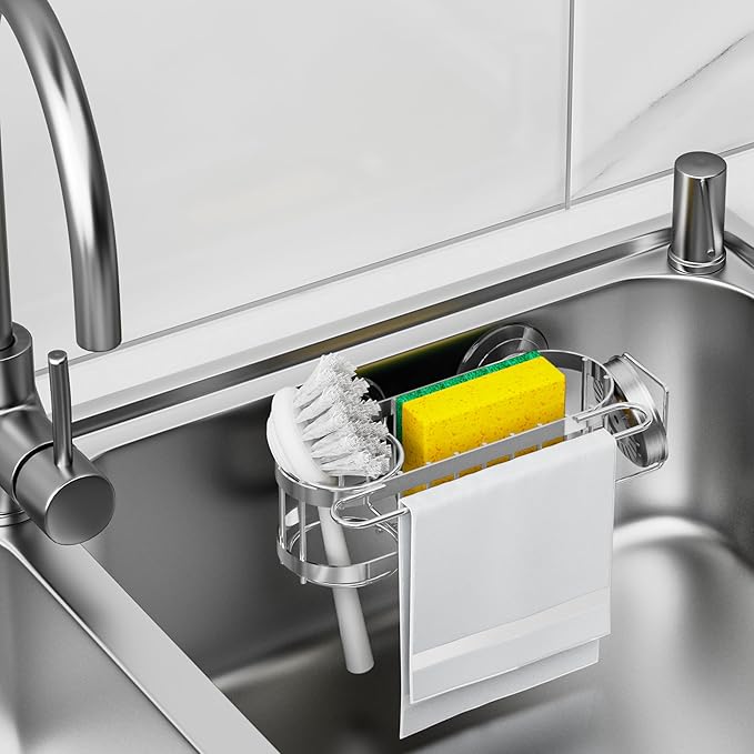 Cisily Kitchen Sink Caddy Sponge Holder in The Sink, Suction cup-Silver