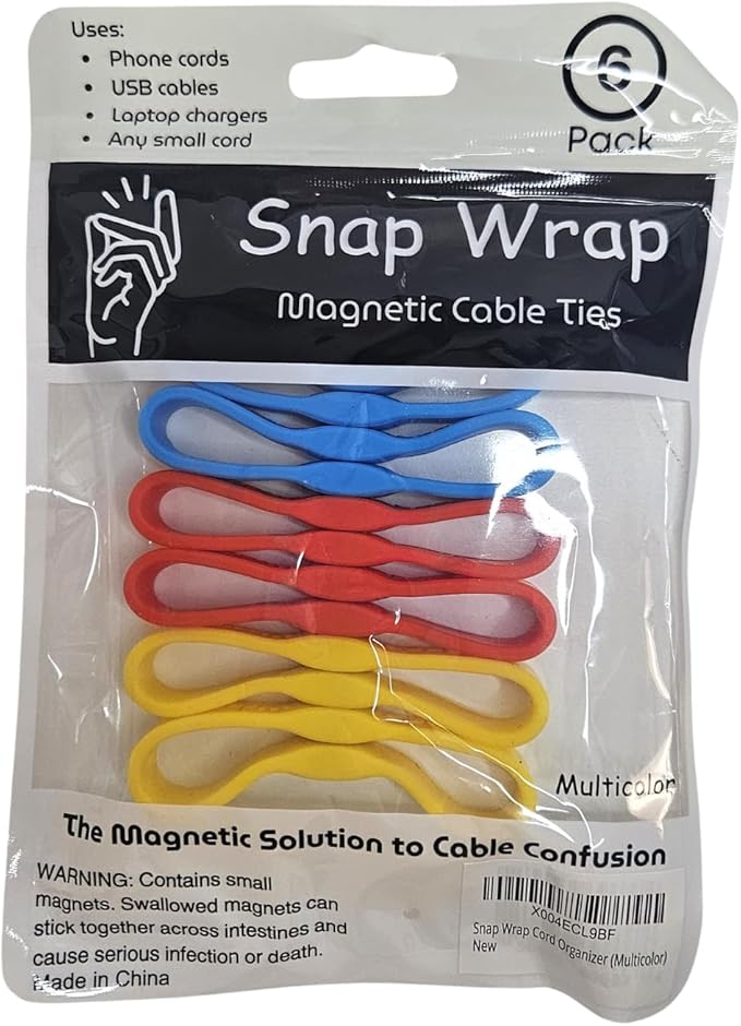 Snap Wrap | Pro Silicone Magnetic Cable Organizer 6-Pack | Easy One-Hand Operation Cable Management Bands for Home, Office, and Travel | Tidy Cable and Wire Storage