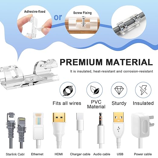 Adhesive Cable Wire Clips Clear (40 PCS) with Screw Holes - Strong Sticky or Screw-Mountable Cord Holders for Wall, Under Desk, Car, PC & Ethernet Cords, Indoor/Outdoor Christmas Lights Organizer