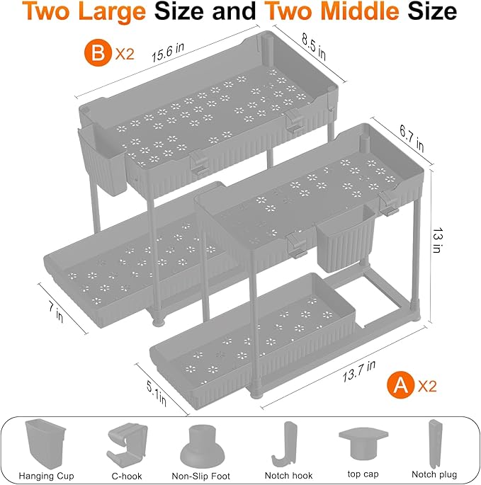 Sevenblue Under Sink Organizer, Bathroom Organizers and Storage, 2 Tier Multi-Use Pull Out Cabinet Organizer with Hang Hooks and Cups (Gray, 4 Pack)