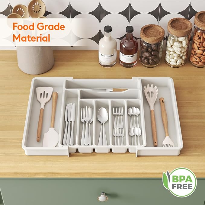 Utensil Organizer for Kitchen Drawer, Expandable Cooking Silverware Tray, White