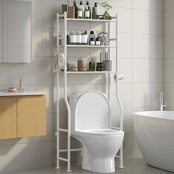 3-Tier Over The Toilet Storage Organizer, Space-Saving Bathroom Rack with Paper Holder & 4 Hooks, 64" Tall Freestanding Carbon Steel Shelf for Small Apartment Laundry Room (White)