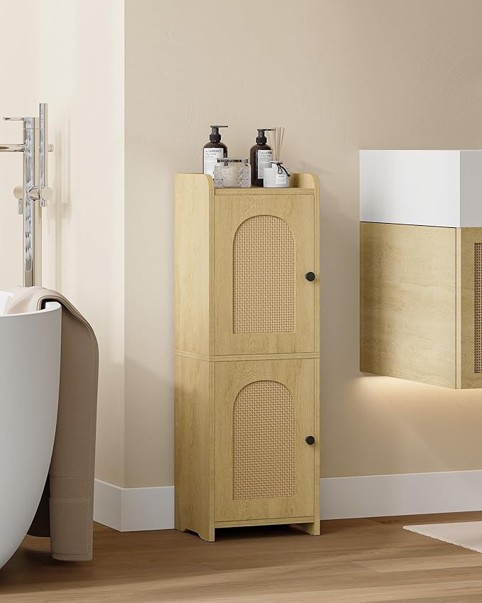 Hzuaneri Bathroom Storage Cabinet, Small Corner Floor Cabinet with 2 Doors and Adjustable Shelf, Narrow Toilet Paper Cabinets, Bathroom Organizer for Small Spaces, 7.9" D x 9.8" W x 29.5"Rattan Yellow