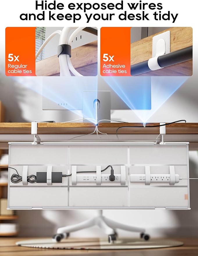 Under Desk Cable Management Tray No Drill, Cable Ties Included, Eco-Friendly Canvas Material, Mesh Design for Heat Dissipation, Cable Organizer/Storage for Standing Desk(39inch, White)