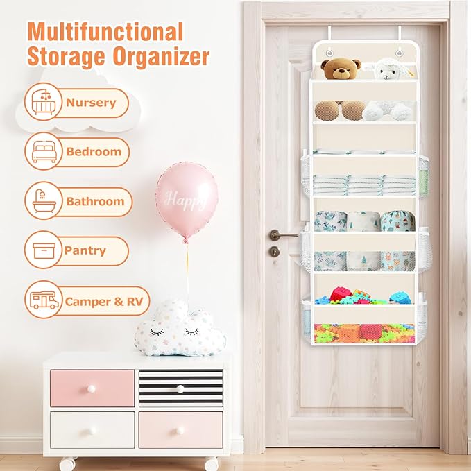 WISELIFE Over The Door Organizer Storage 4 Shelves Large Capacity Hanging Bedroom Storage Solution with 6 Side Pockets for Dorm Bathroom Pantry Nursery and Baby Essentials Holds up to 40 Lbs (Beige)