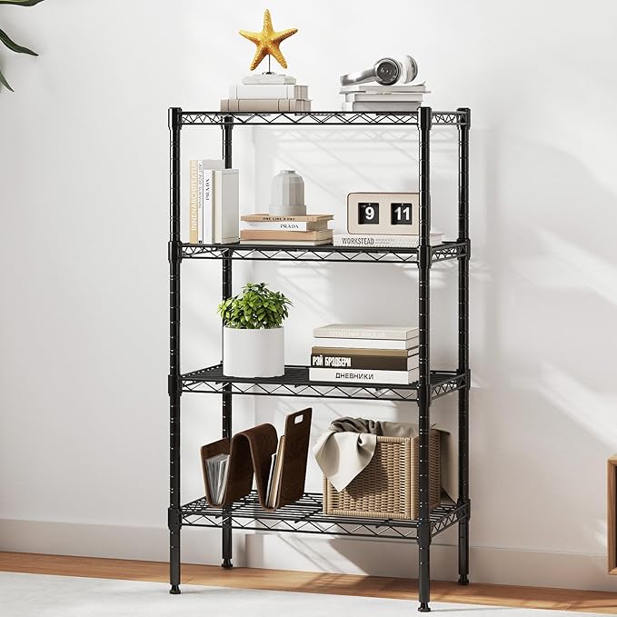 DUMOS 4-Tier Metal Wire Storage Shelves, Adjustable Standing Storage Rack Shelf, Heavy Duty Steel Shelving Unit Organizers for Kitchen Bathroom Pantry Garage, 23.2" W×13.4" D×47.1" H, Black