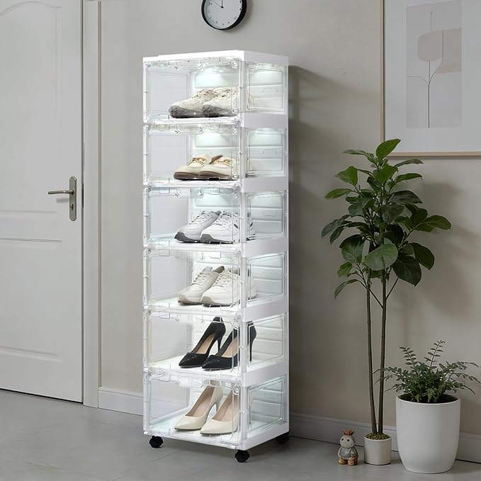 SAYMA LED Shoe Storage Box, Clear Shoe Storage Organizer with Magnetic Door, Stackable Plastic Shoe Cabinet with Wheels, Foldable Shoe Rack for Closet, Easy Assembly Shoe Cabinet for Entryway