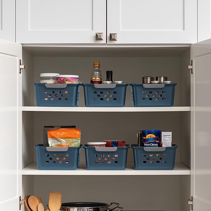 IRIS USA Plastic Storage Basket, 12-Pack, Small, Shelf Basket Storage Organizer for Pantry, Cabinet, Bedroom, Closet, Laundry Room, Eco-Friendly, Navy