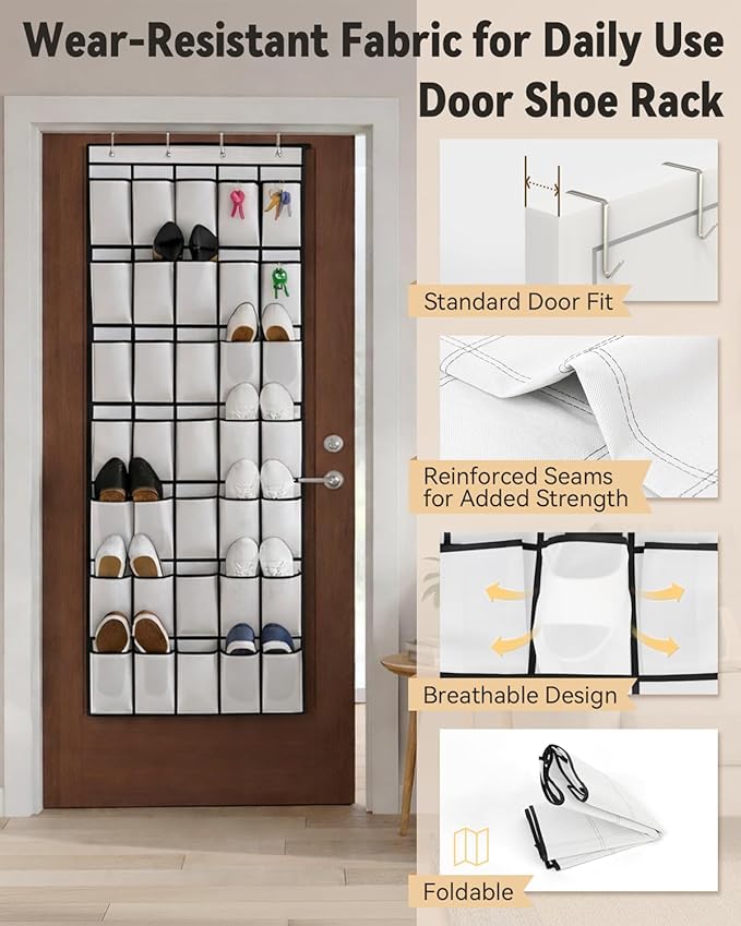dodowin Over the Door Shoe Organizers, 2 Pack - 35 Deep Mesh Pockets Each, Over The Door Shoe Rack with 4 Metal Hooks Each, Space Saving Hanging Storage Holder for Closets, Shoes & Accessories, White