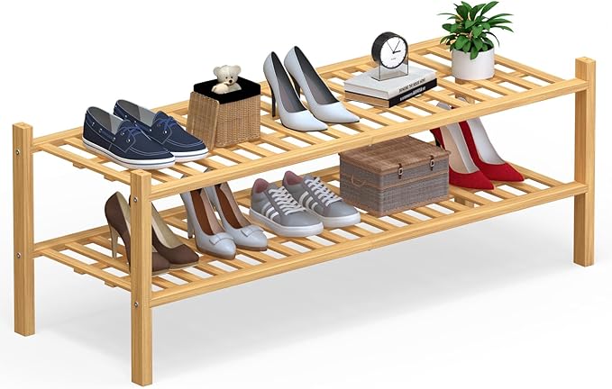 Haddockway Long 2 Tier Bamboo Shoe Rack Storage Organizer, Multifunctional Free Standing Stackable Shoe Shelf with Grid Panel for Closet,Hallway,Entryway,Small Space 34.2"x11"x13"