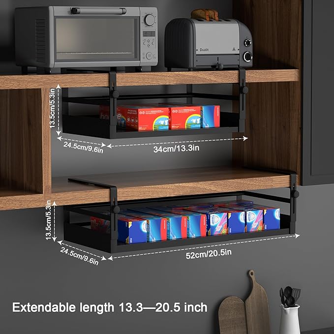 AmonHouseware 2Pack Under Shelf Basket Organizer, Adjustable Under Cabinet Shelf Storage, Hanging Holder Length Stretchable 13-21Inch for Kitchen Pantry Desk Counter Bookshelf Cupboard (Black)