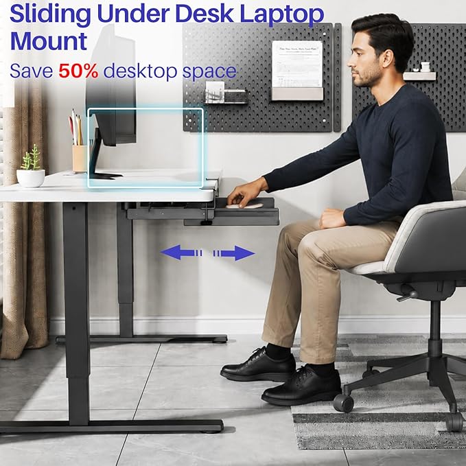 Sliding No Drill Under Desk Laptop Mount, Metal Under Desk Storage Shelf with Cable Management, Slide Out Laptop Storage Tray for MacBook, Mac Mini, Fits Office Workstations(Black with slid rail)
