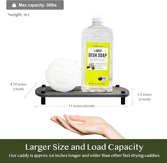 2PCS Water Absorbing Stone Soap Tray for Kitchen Bathroom Sink, Quick Dry Diatomaceous Earth Drying Rack and Shower Caddy, Soap Dispenser and Sponge Holder Organizer for Countertop, TWINKLE MOMENT; Dark Gray