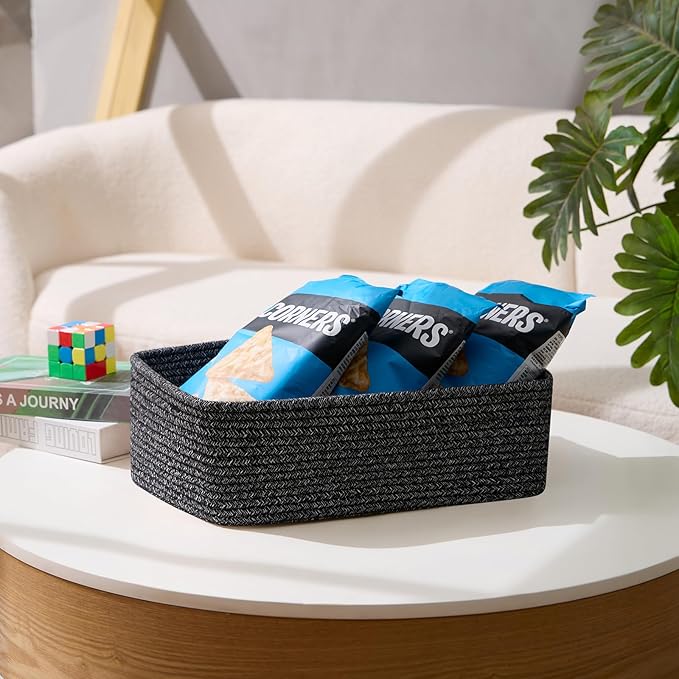 MiniArk Large Shallow Organizing Baskets 15x11x5.1 Inches - Rope Woven Storage Bins for Bathroom, Shelves, Cube Closet, Mixed Black 2 Packs