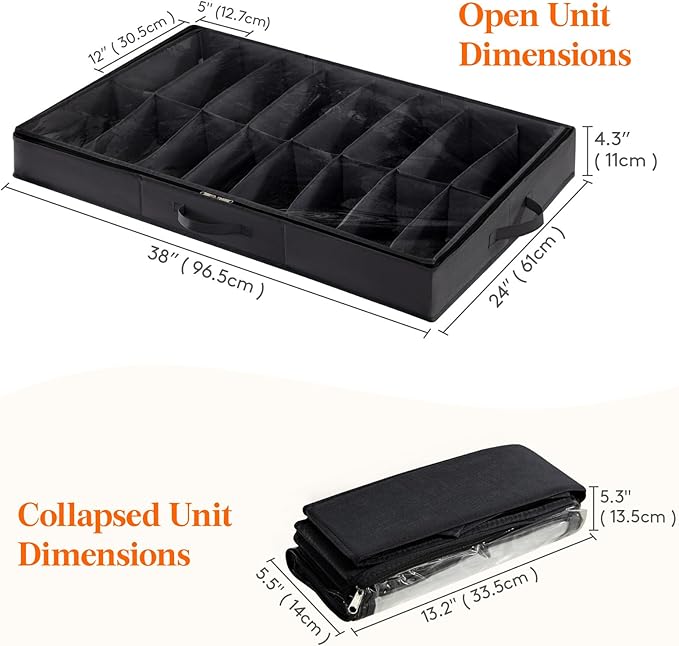 Lifewit Under Bed Shoe Storage Organizer 2 Pack(16 Shoes Cells), 4.3 Inches Profile Fabric Shoes Container Box with Clear Cover, Foldable Storage Bag with 2 Handles, Fits 16 to 32 Pairs