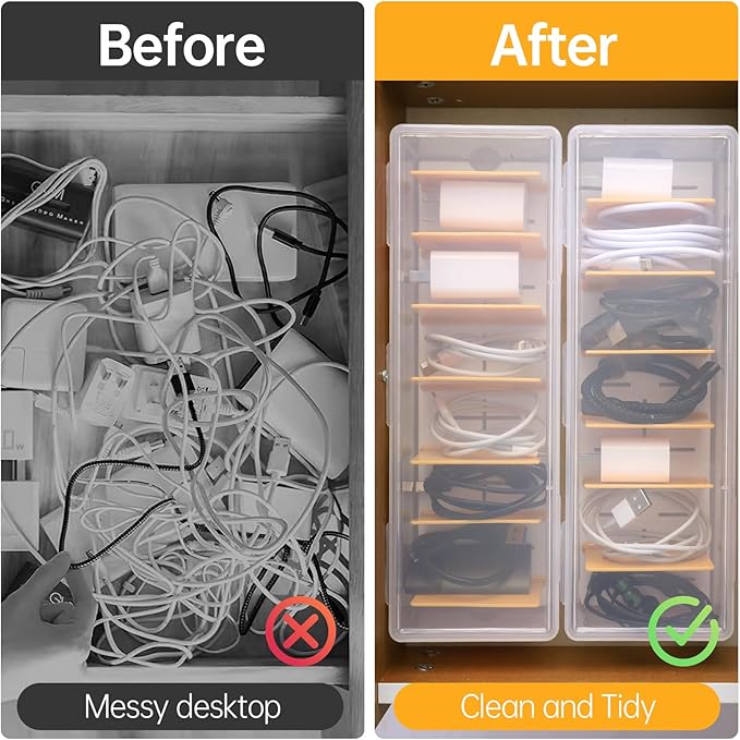 PAVSTINE Clear Cable Organizer Box with Lid, Plastic Charger Cable Cord Storage Organizer, Office Desk Organizers, Multifunctional Accessories Storage for Home Drawer Office, Stackable, Clear