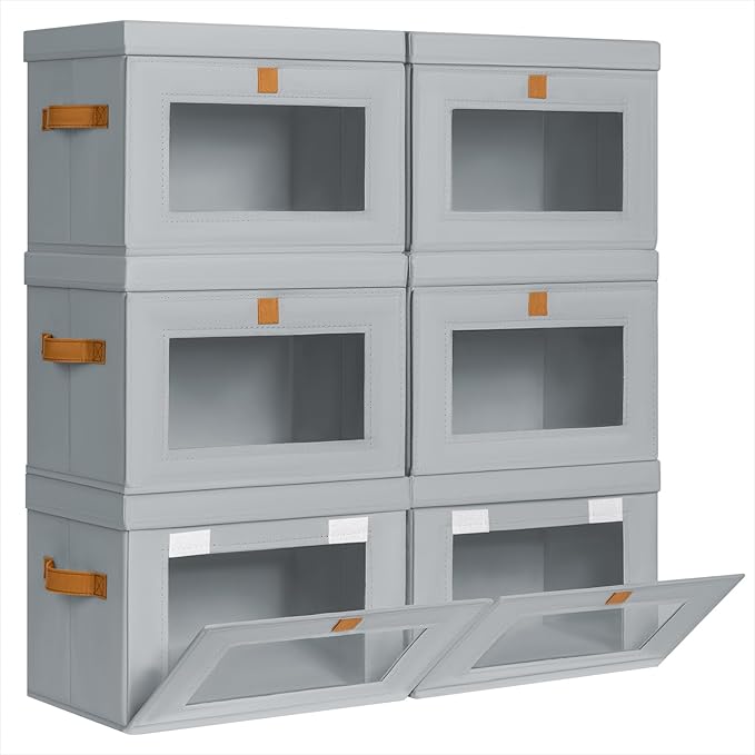 Homsorout Small Fabric Storage bins - Collapsible Storage Bins with Open Window, 6 Pack Closet Baskets for Shelves, Stackable Decorative Boxes for Home, Dorm, Grey, 13.7"x 9.8" x 9.8"