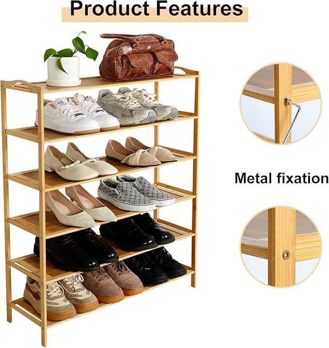 6 Tier Bamboo Shoe Rack, Free Standing Shoe Racks, Shoes Rack Organizer, Bamboo Wood Shoe Rack for Entryway and Closet Hallway (27.5" x 9.25" x 40.3")