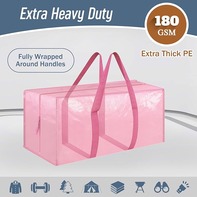 6 Pack Extra Heavy Duty Large Moving Bags with Strong Zipper & Comfortable, Pink