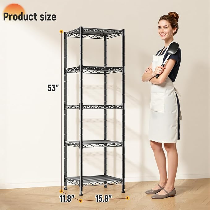DurayLoly 5-Tier Narrow Shelf for Small Spaces, 15.8" W Metal Shelving Unit, Adjustable Wire Rack, Freestanding Storage for Bathroom, Laundry, Kitchen Pantry, Black