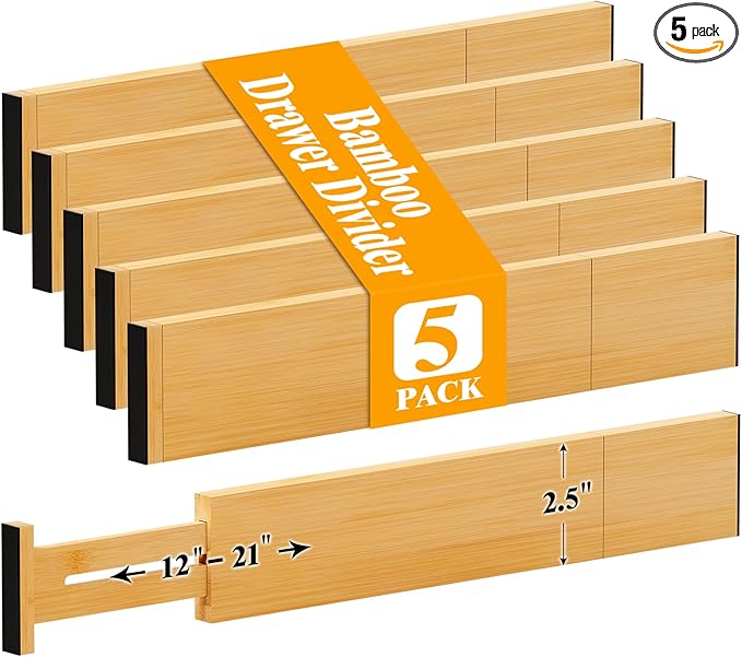 Bamboo Drawer Dividers, 12-21" Adjustable Drawer Organizers for Clothes, 5-Pack