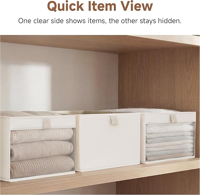 StorageWorks Storage Bins with Clear Window, Large Fabric Closet Organizer for Clothes, Collapsible Storage Baskets with PU Handles, Beige, 3-Pack