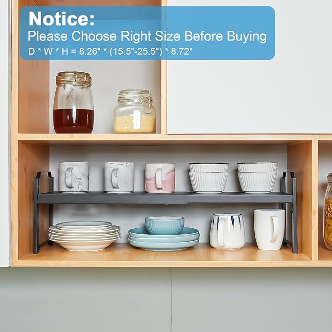 X-cosrack 25.5 Inches 2 Pack Expandable Cabinet Shelves, Stackable Shelf Organizer for Kitchen Cabinet Countertop Storage, Adjustable Counter Cupboard Pantry Organizer Shelf Rack Stand Riser, Black